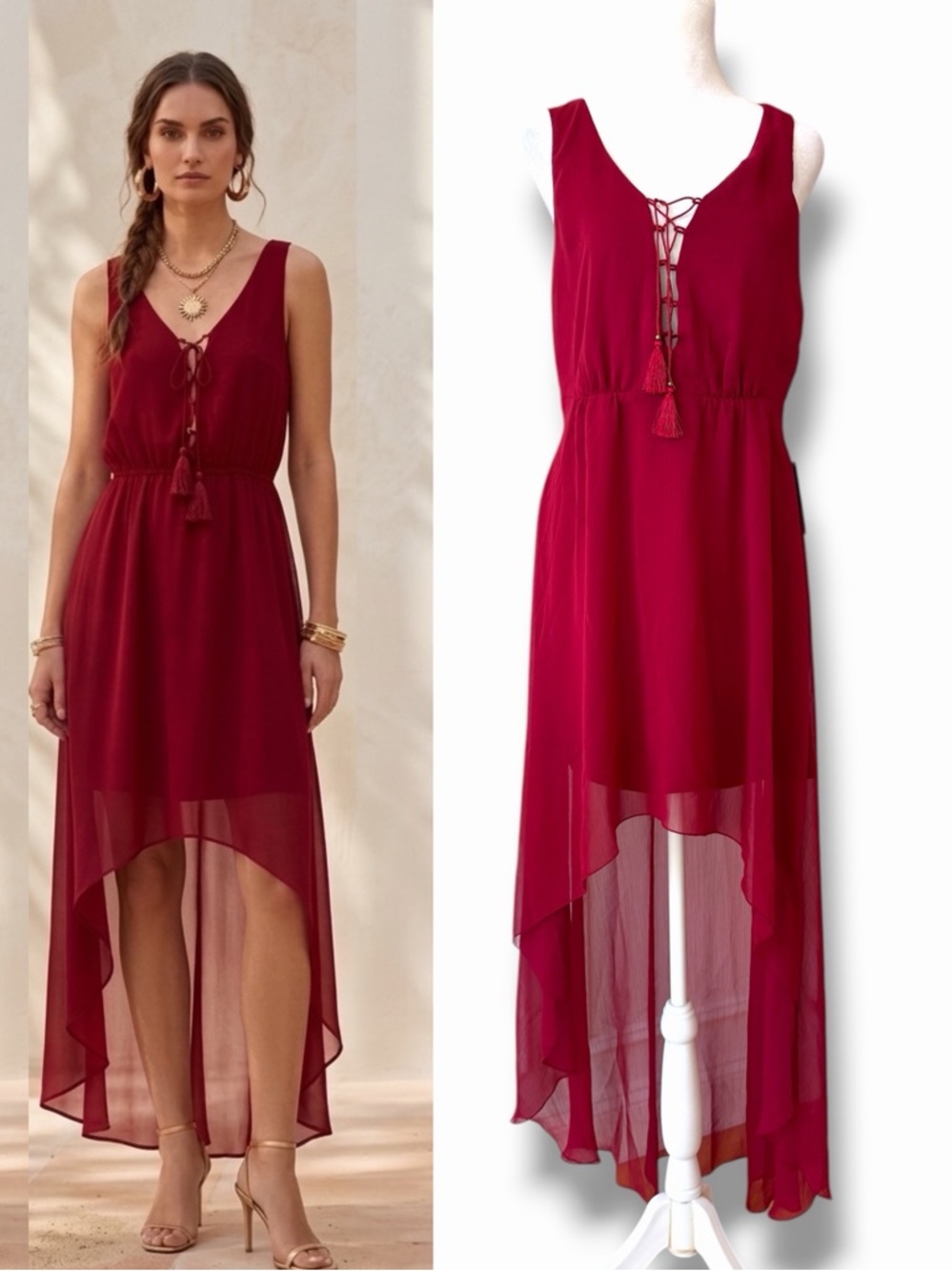 NWT Express Red Lace Up Boho High Low Maxi Dress Small